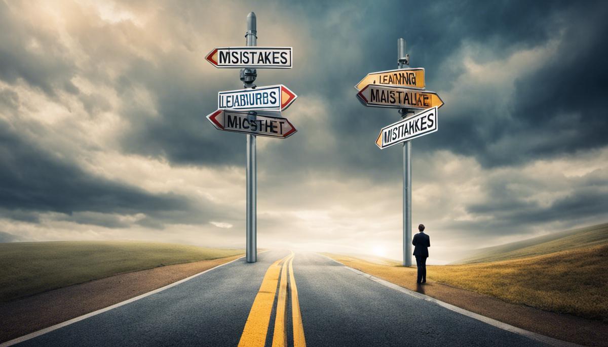 Image depicting a person standing at a crossroad with various signs, indicating the importance of learning from mistakes and failure in leadership