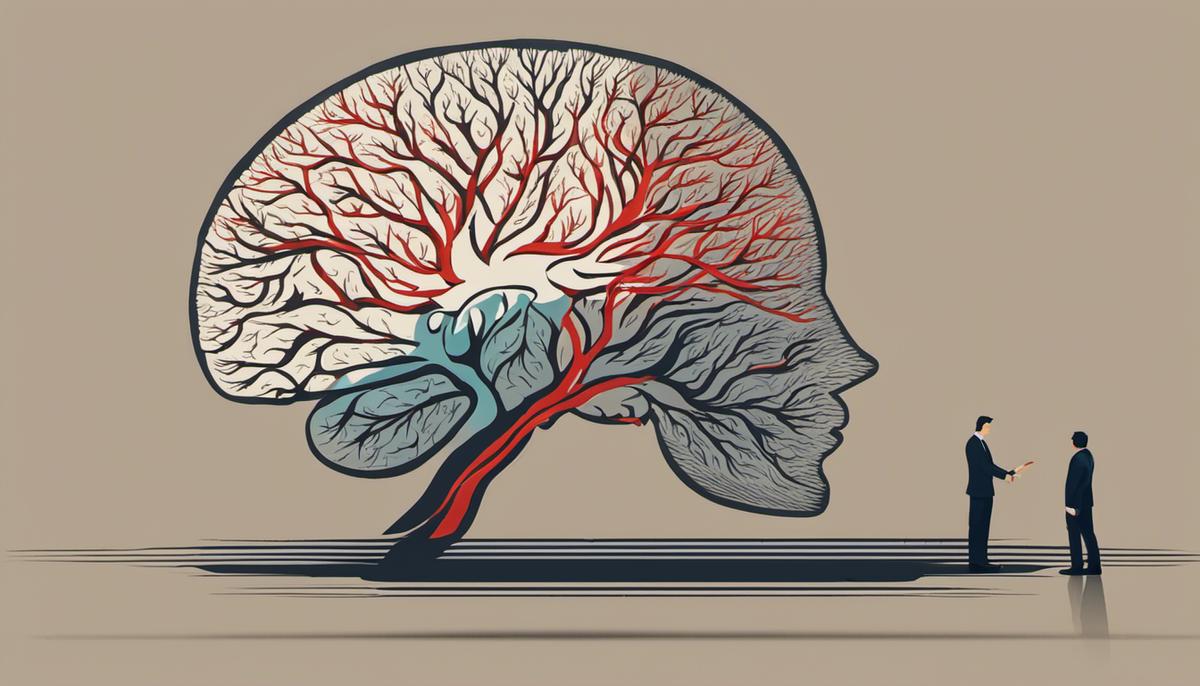 A visual representation of a person with one side of their brain as fixed mindset and the other side as growth mindset, symbolizing the importance of mindset in leadership.